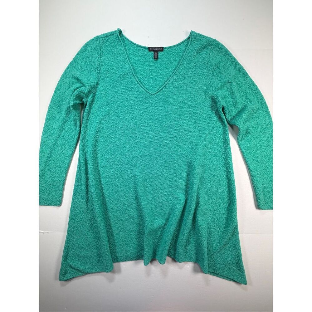 Eileen Fisher 100% Wool Boucle Tunic Sweater Teal Green V-Neck Medium Italy Yarn